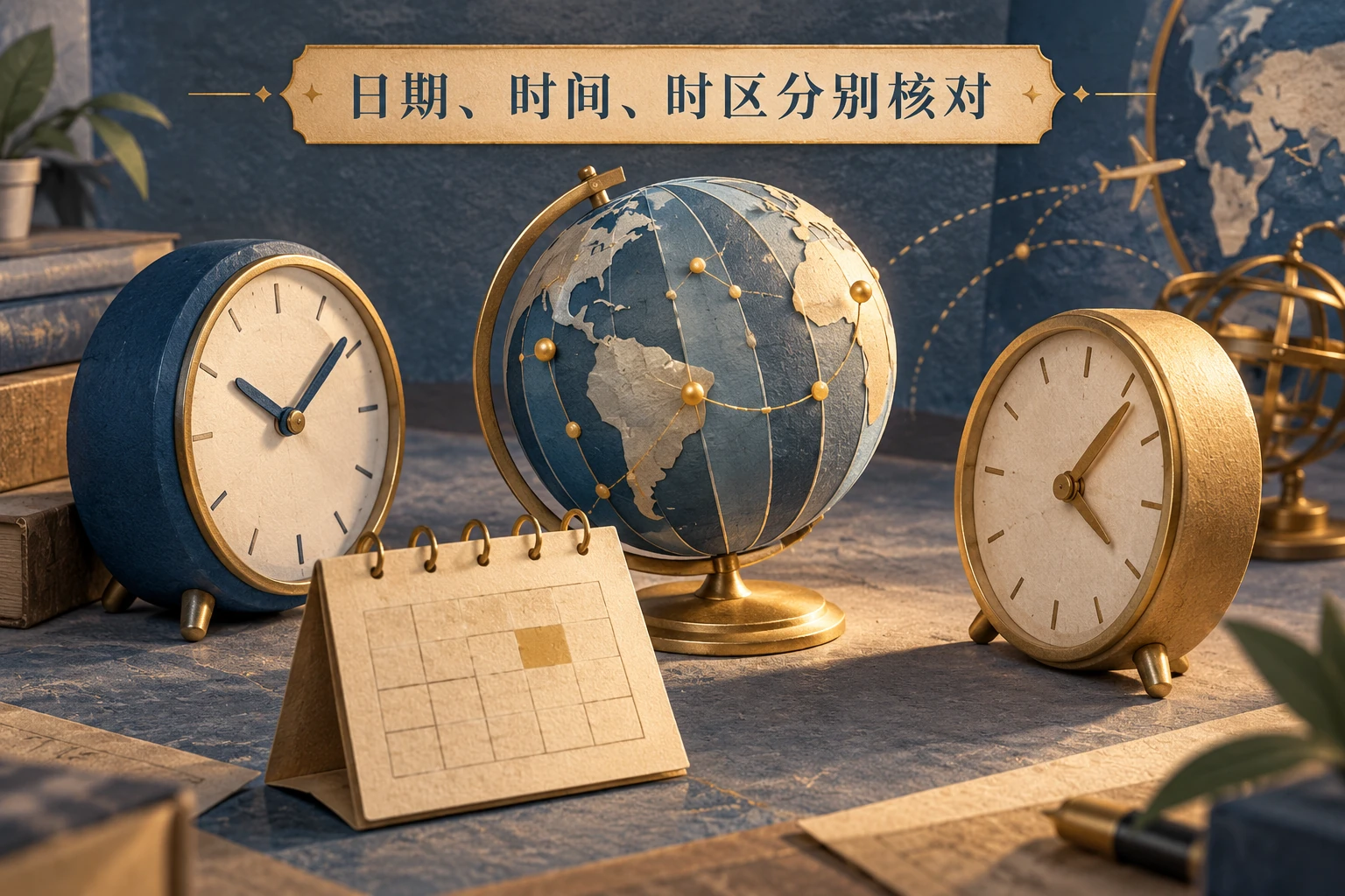 原创时区核对插画：两个时钟、地球时区带与独立日历